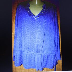 Valorie Stephens Blue LS Blouse Rhinestone Accents Sz 2X